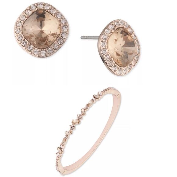 New! GIVENCHY Rose Gold-Tone Crystal Bangle Bracelet & Halo Stud Earrings 2-PC - Picture 1 of 15
